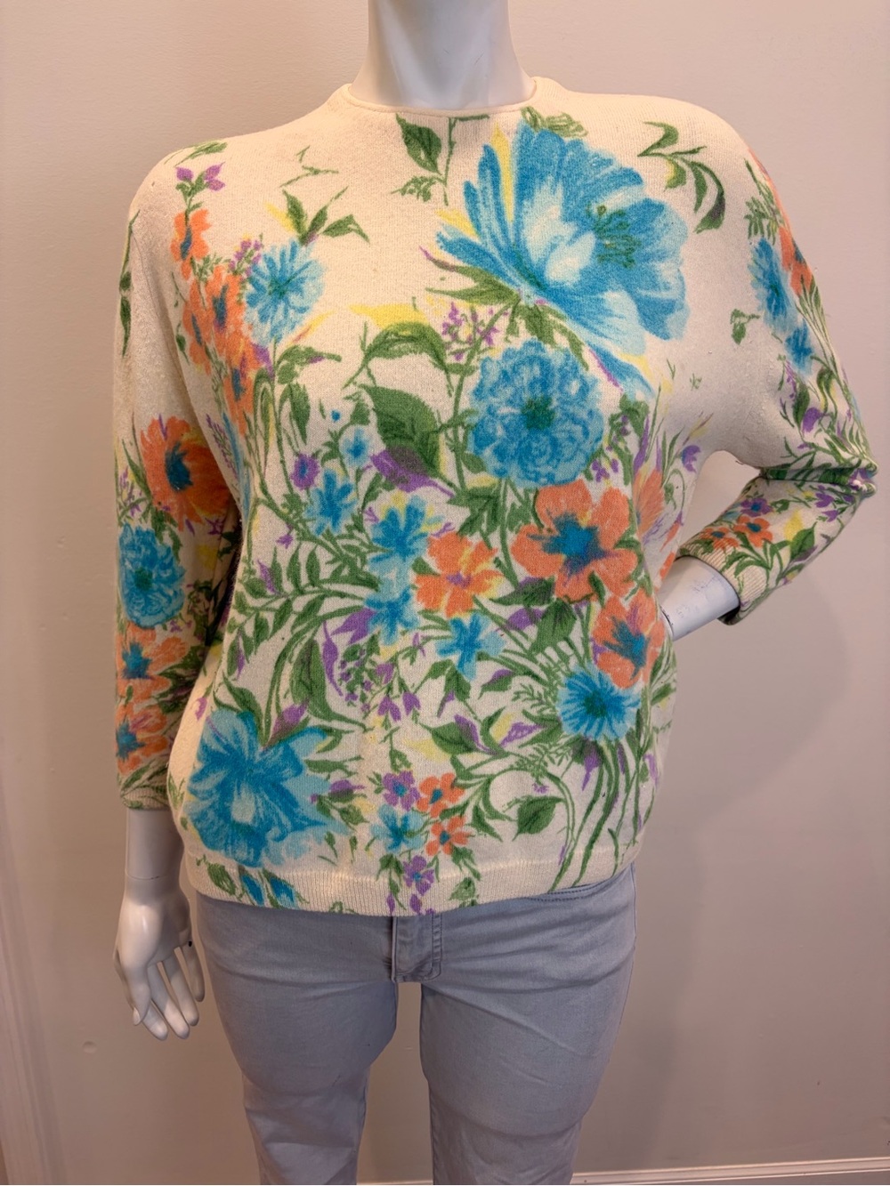 ANGELON BY DARLENE Vintage Floral Screen Printed Angora Wool Blend Sweater
